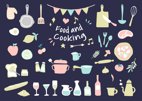 手書きの食材と調理器具素材 手描き,あしらい,調理,料理,器具,フード,フライパン,鍋,ピザ,トマトのイラスト素材