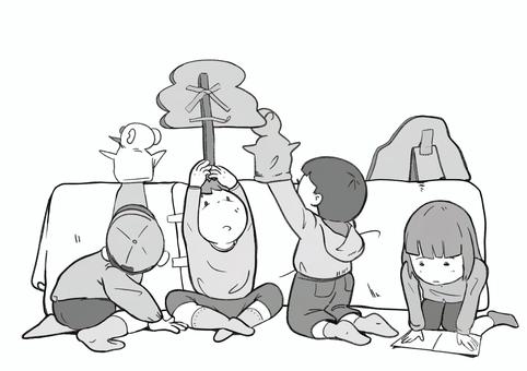 人形劇をする子供たち 子供達,こども,モノクロイラスト,人形劇,学芸会,子どもの創造力,手作り舞台,演じる子ども,手遊び,幼児教育のイラスト素材