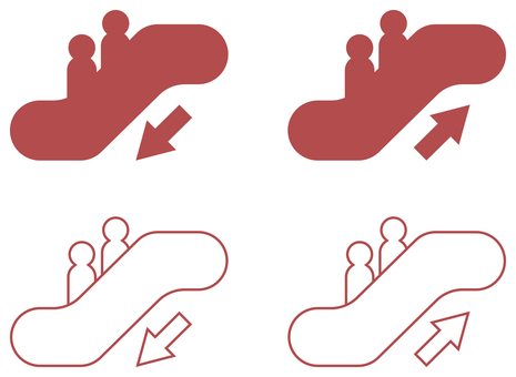 エスカレーターのアイコンセット 赤 エスカレーター,設備,案内,上がる,下がる,商業施設,デパート,ショッピングセンター,スーパー,駅のイラスト素材