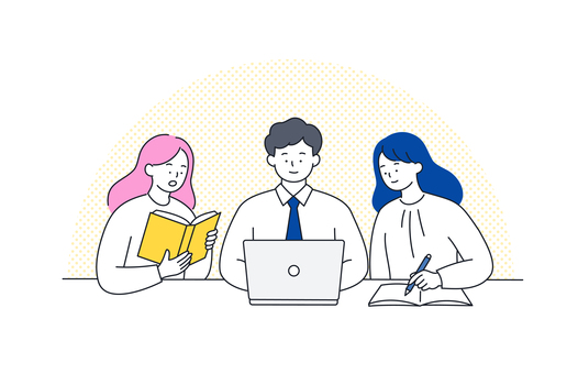 学ぶ男女のグループ学習風景 人物,男性,女性,学習,勉強,研究,ビジネス,読書,メモ,ノートのイラスト素材