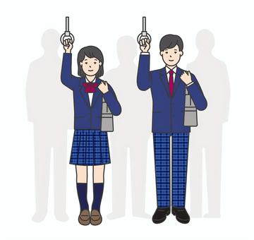 電車でつり革につかまる制服姿の学生 つり革,電車,女子高生,男子高生,高校生,中学生,学生,生徒,通学,車内のイラスト素材