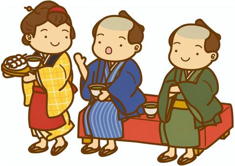団子屋-4c 団子屋,客,茶屋娘,店員,団子,串団子,お茶,湯のみ,茶碗,皿のイラスト素材