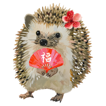 正月ハリネズミ ハリネズミ,動物,新年,正月,梅,扇子,福,厚塗り,絵具タッチ,手描きのイラスト素材