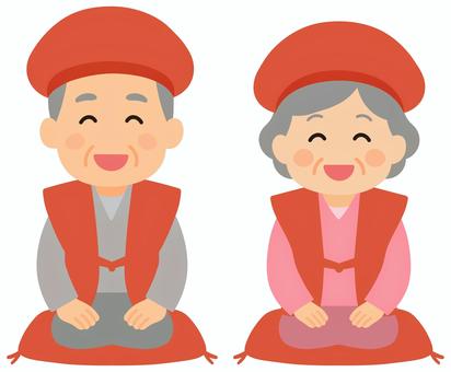 還暦（男性・女性） 還暦,還暦祝い,男性,女性,おじいちゃん,おばちゃん,じぃじ,ばぁば,笑顔,ニコニコのイラスト素材