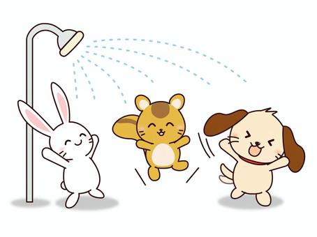 シャワーで水浴びする動物さんたち 水浴び,シャワー,涼む,うさぎ,りす,犬,わんこ,うれしい,笑顔,水のイラスト素材