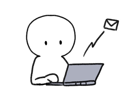 パソコンでメールを送信する棒人間 棒人間,人物,パソコン,メール,送信,手描き,落書き,表情,黒,シンプルのイラスト素材