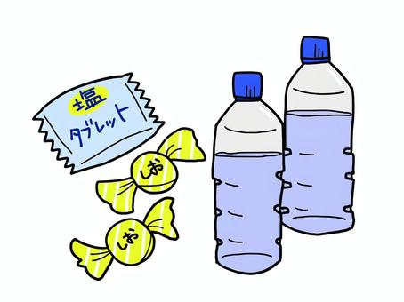 熱中症対策のグッズ 熱中症対策,熱中症,夏,水,ペットボトル,塩分,塩飴,塩タブレットのイラスト素材