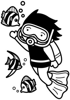 スキューバダイビング-1c スキューバダイビング,スキューバ,潜水,マリンスポーツ,魚,熱帯魚,泡,アクアラング,酸素ボンベ,水中眼鏡のイラスト素材