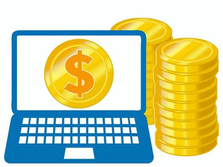 パソコンとステーブルコイン ステーブルコイン,パソコン,暗号資産,仮想通貨,たくさん,積み上げる,コイン,資産,投資,運用のイラスト素材