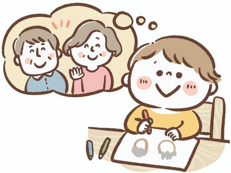 敬老の日・祖父母の似顔絵を描く子ども 敬老の日,祖父母,似顔絵,描く,お絵かき,お便り,おじいちゃん,おばあちゃん,孫,笑顔のイラスト素材