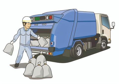 パッカー車でごみ収集する作業員 ごみ収集車,ゴミ,回収,作業員,ゴミ収集,パッカー車,イラストのイラスト素材