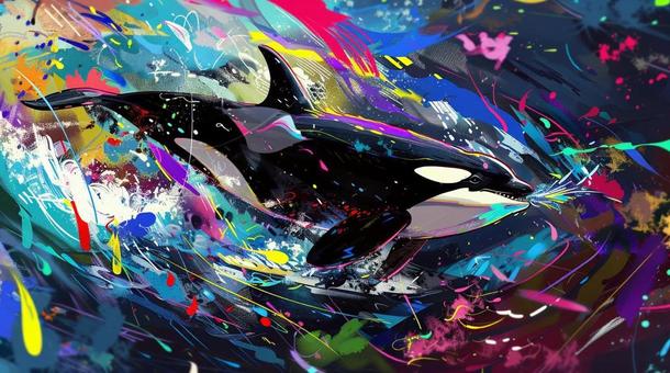 Illustration, watercolor painting, killer whale, marine life, 