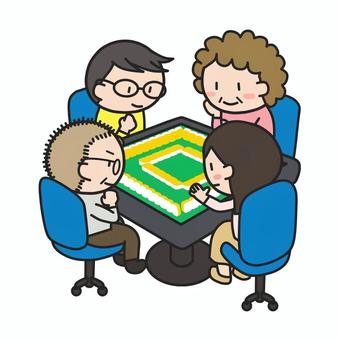 家族麻雀を楽しむ４人（四麻） 麻雀,四人麻雀,4人,麻雀卓,卓,自動麻雀卓,牌,健康麻雀,趣味,メンツのイラスト素材