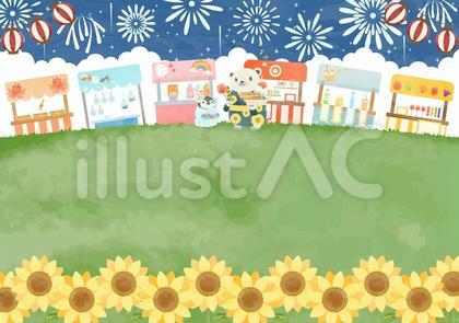 屋台が並ぶかわいい夏祭りの風景イラスト