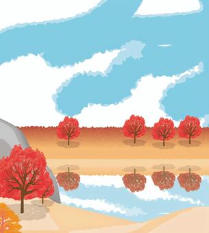 秋の紅葉　 秋,紅葉,湖,川,水面,映る,樹木,芝生,自然,空のイラスト素材