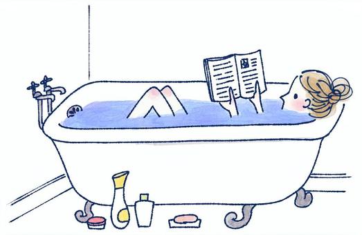 バスタイムを楽しむ女性 お風呂,入浴,読書,リラックス,癒し,長風呂,浴槽,本,雑誌,女性のイラスト素材