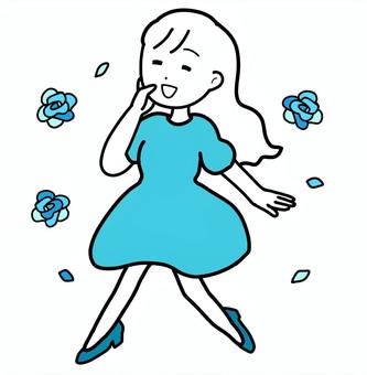シンプル浮かれる女（b） シンプル,浮かれる,有頂天,女,人,線画,手描き,バラ,花,ウキウキのイラスト素材