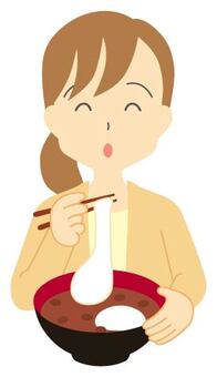 お餅を食べる人2 ぜんざい,餅,小豆,お汁粉,お雑煮,女性,食べる,人物,主線なしのイラスト素材