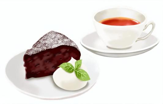 ガトーショコラと白いカップの紅茶 ガトーショコラ,チョコレート,ケーキ,生クリーム,紅茶,喫茶,カフェ,おやつ,甘い,美味しいのイラスト素材