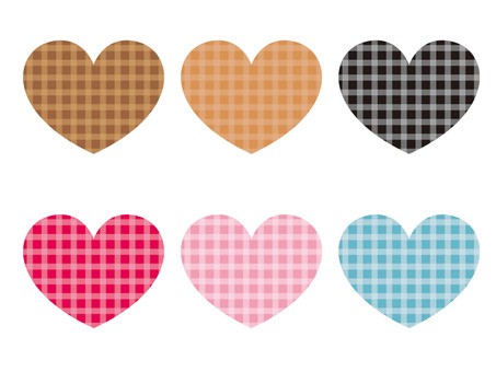 チェック柄のハートマークセット6色 ハート,チェック柄,マーク,アイコン,バレンタイン,ホワイトデー,おしゃれ,かわいい,シンプル,黒色のイラスト素材
