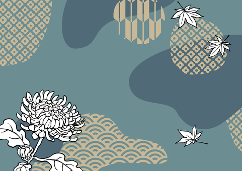 菊と紅葉の和モダンくすみ水色背景素材 和モダン,モダン,和風,和柄,菊,モミジ,花,植物,葉,葉っぱのイラスト素材