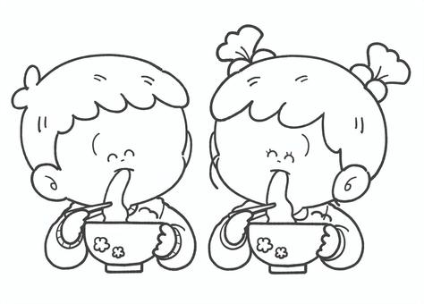 お餅を食べる子どもの白黒手描きイラスト お餅を食べる子どもの白黒手描きイラスト ぜんざい,お雑煮,餅,子ども,可愛い,モノクロ,白黒,線画,正月,手描きのイラスト素材