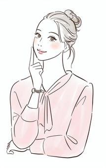 頬に指を当てて考える女性 頬に指を当てて考える女性 人物,女性,考える,きれい,思う,想像する,リラックス,笑顔,微笑む,セミロングのイラスト素材