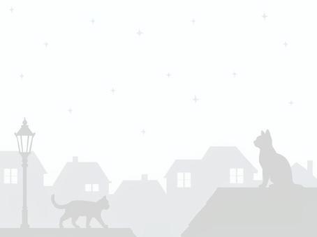 猫と夜の街並のシルエット背景（グレー） 猫,シルエット,背景,夜,街並み,星,テンプレート,動物,壁紙,グレーのイラスト素材