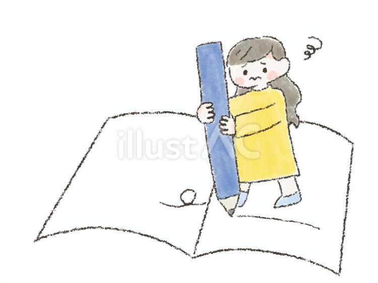 不安な顔で大きい鉛筆を持つ女性ノート 女性,主婦,私服のイラスト素材