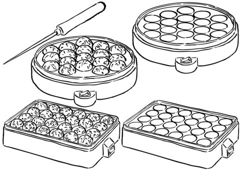 たこ焼き器5種　墨筆 たこ焼き,たこ焼き器,ホットプレート,家電,円形,鉄板,料理,道具,たこ焼きピック,パーティーのイラスト素材