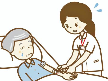 入院　点滴しましょうね6 おじいさん,高齢者,寝たきり,寝る,点滴,ベッド,看護師,安心,入院,病院のイラスト素材