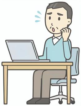  ニット中年男性-115-全身 パソコン,慌てる,おじさん,男性,中年,お父さん,パパ,シニア,ミドルエイジ,人物のイラスト素材