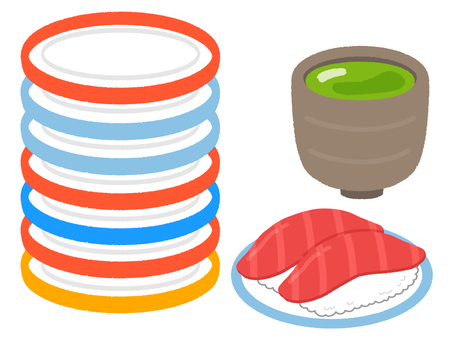 回転寿司の皿とまぐろとあがり 回転寿司の皿とまぐろとあがり 回転寿司,皿,重ねる,食事,まぐろ,寿司,魚,あがり,お茶,湯呑のイラスト素材