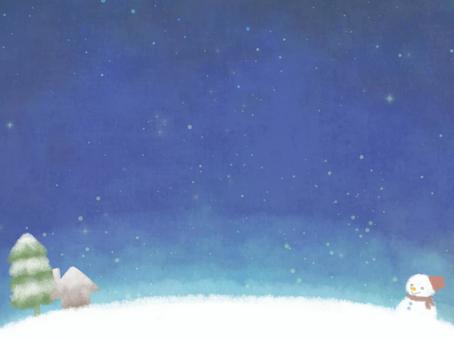 雪が降る夜空と家の背景 雪,夜空,背景,風景,ブルー,家,煙突,木,雪だるま,冬のイラスト素材
