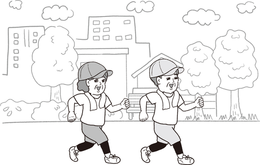 モノクロの半袖姿でウォーキングする夫婦 モノクロ,白黒,グレースケール,ウォーキング,スロージョギング,歩く,歩行,夏,半袖,帽子のイラスト素材