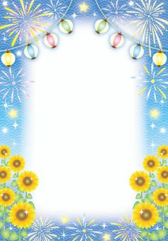 花火と提灯とひまわり和風カード(たて) 花火と提灯とひまわり和風カード(たて) 花火,ひまわり,夏,和,キラキラ,かわいい,フレーム,背景,カード,提灯のイラスト素材