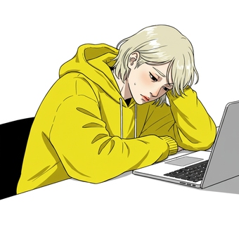 A worried and depressed figure in front of a computer, female, parker, yellow, JPG and PNG