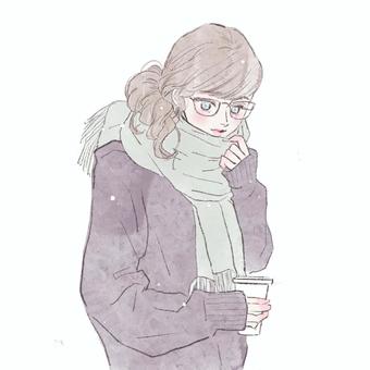 コーヒーを持つ女性(メガネ・紫) 女性,女の子,きれい,可愛い,大人女子,大人可愛い,コーヒー,眼鏡,マフラー,冬コーデのイラスト素材