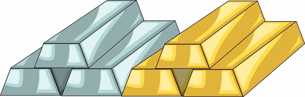 金と銀　 金,銀,並ぶ,延べ棒,高価,価値,投資,イメージ,漢字,線画のイラスト素材