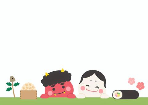 節分の鬼と豆とお多福と恵方巻04 節分,背景,フレーム,鬼,豆,恵方巻,節分豆,2月,冬,手描きのイラスト素材