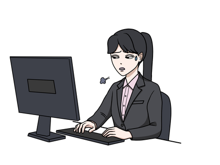 パソコン作業に疲れたスーツ姿の女性 パソコン,操作,スーツ,女性,ため息,無気力,焦る,汗,作業,停滞のイラスト素材