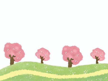 春の桜並み木風景のフレーム素材 春,桜,並木,背景,芝生,街並み,3月,4月,手描き,手書きのイラスト素材