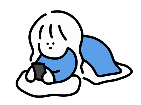 ふとんにくるまってスマホを触る女の子 女の子,女性,ゆるい,かわいい,優しい,シンプル,ワンカラー,手書き,青,水色のイラスト素材