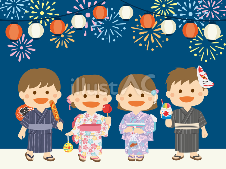 夏祭り_浴衣のこどもたち 花火,夏休み,縁日のイラスト素材