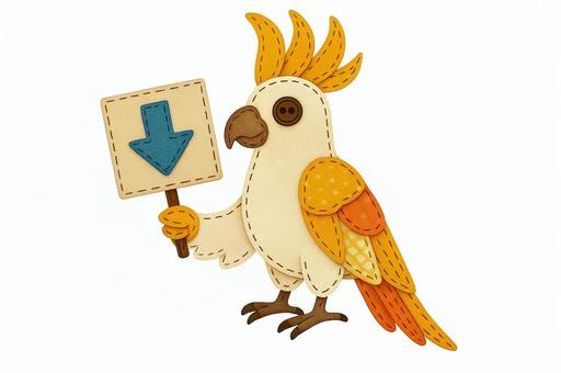 下矢印の看板を持つオウム