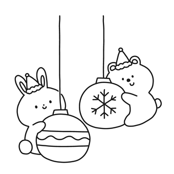 クリスマスオーナメントとうさくま クリスマス,オーナメント,うさぎ,くま,動物,サンタ,帽子,冬,モノトーン,塗り絵のイラスト素材