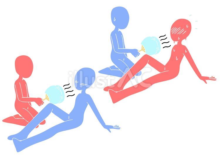座ってうちわで扇ぐ二人2種　版画 うちわ,扇ぐ,風のイラスト素材