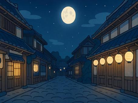 満月と灯りが照らす古い街並み