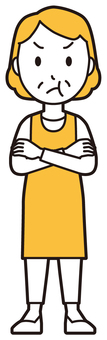  エプロンおばちゃん(黄)-022-全身 拗ねる,おばちゃん,エプロン,お母さん,ママ,中年,おばさん,主婦,人物,かわいいのイラスト素材