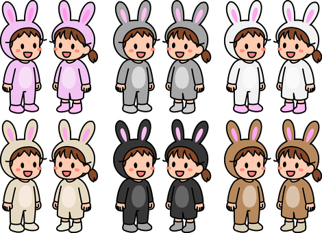 うさぎコスの子供たちです。 うさぎ,着ぐるみ,シンプル,コスプレ,コスチューム,動物,ぬいぐるみ,イベント,パーティー,女の子のイラスト素材
